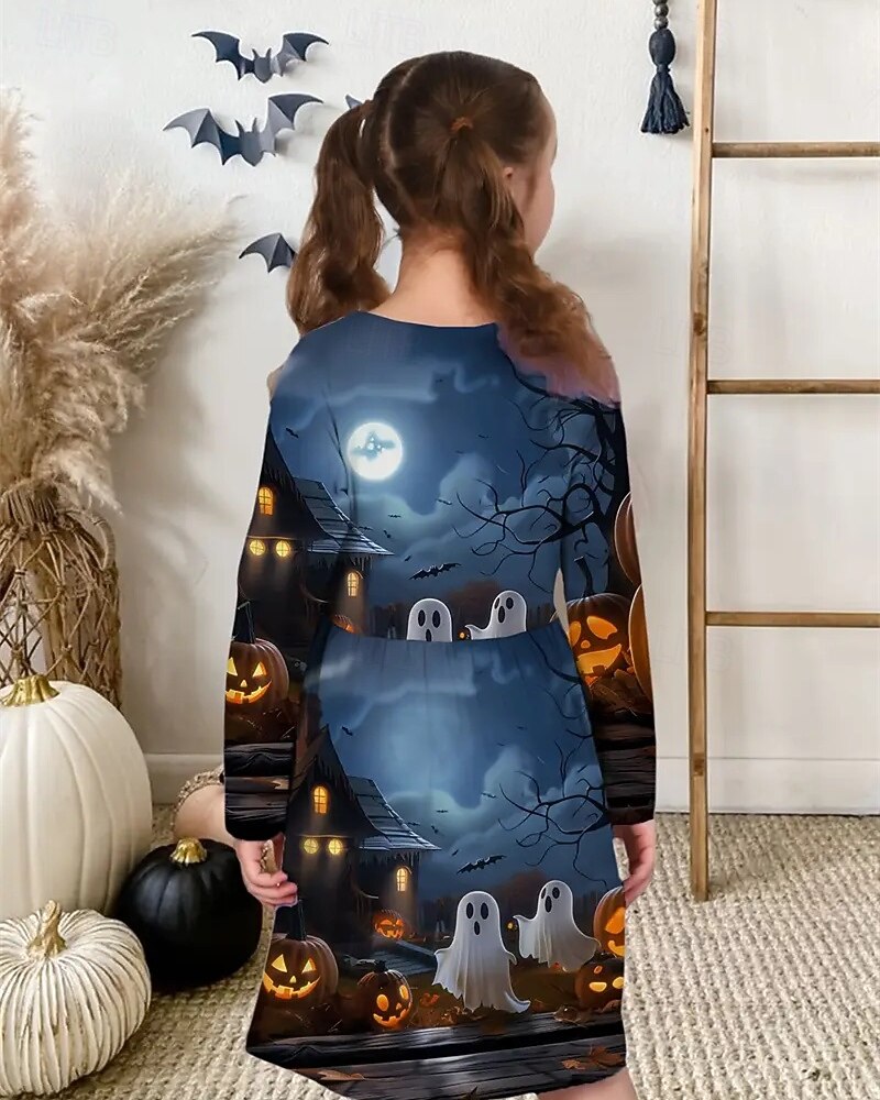 Halloween Dziewczyny ' 3D Graficzny Dynia Duch Sukienka Długi rękaw Lato Wiosna Urlop Codzienny Święto Księżniczka Piękny Słodkie Dzieci 4-12 lat Codzienne sukienki Sukienka A line Do kolan Regularny 2025 - $16.99 –P3