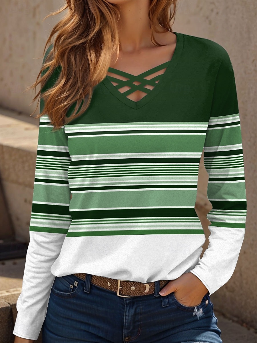 Femmes T-shirt Graphique Géométrique ancien Élégant Classique manche longue Col en V Hauts Réguliers Quotidien Découpé Imprimé Bleu Violet Vert Printemps Automne de 2025 ? $22.99 –P2