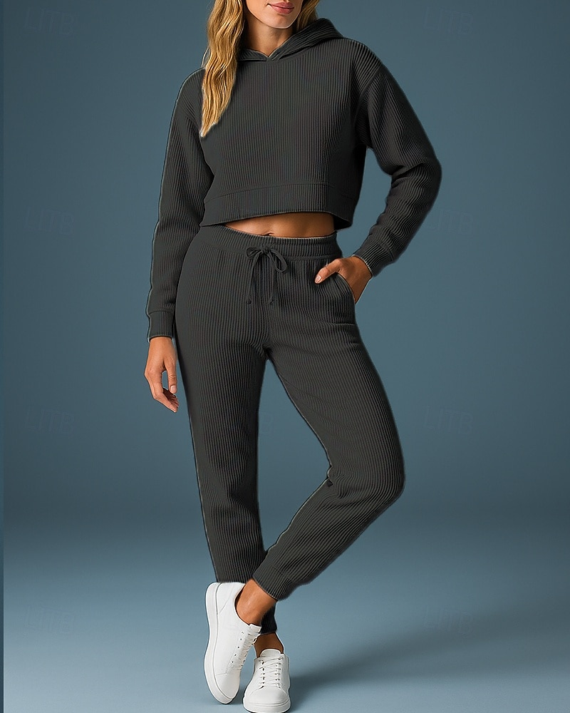 Femmes Ensemble Survetement Jogging Pantalon Sweat-shirt à enfiler Cordon de serrage À capuche Couleur Unie Ensemble Vêtements Printemps Gris foncé Noir Salle de sport Extérieur Course Taille haute de 2025 ? $39.99 –P11