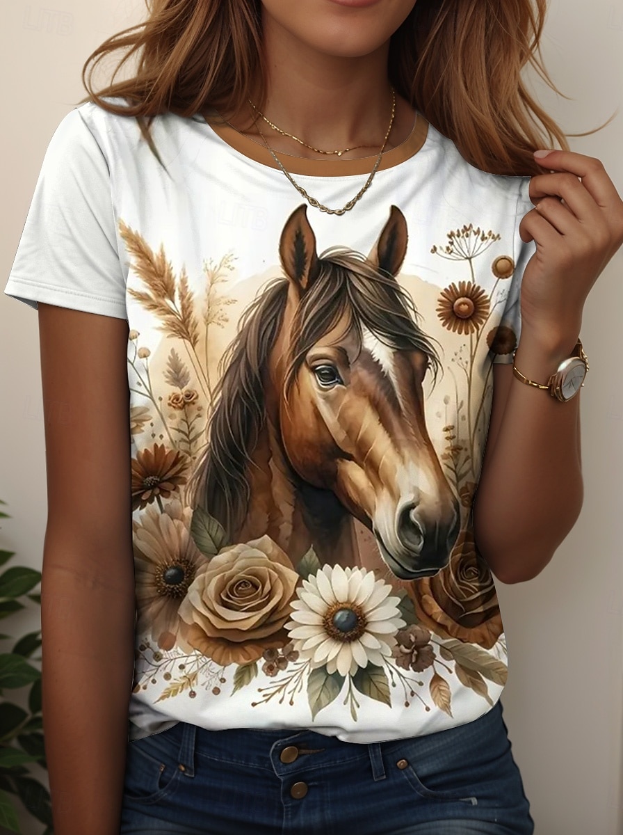 Femmes T-shirt Graphique Animal Cheval ancien Élégant Classique Manche Courte Col ras du cou Col rond Hauts Réguliers Quotidien Week-end Imprimé Noir Blanche Bleu Bleu Poudré Été Printemps de 2025 ? $19.99 –P1