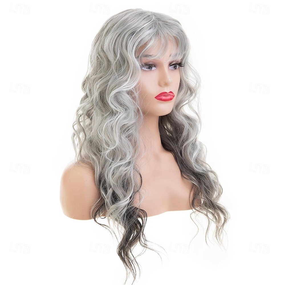 Peruca longa, cacheada e ondulada, cinza, sintética, resistente ao calor, para cosplay, festa, com franja de 2025 por $27.99 –P2