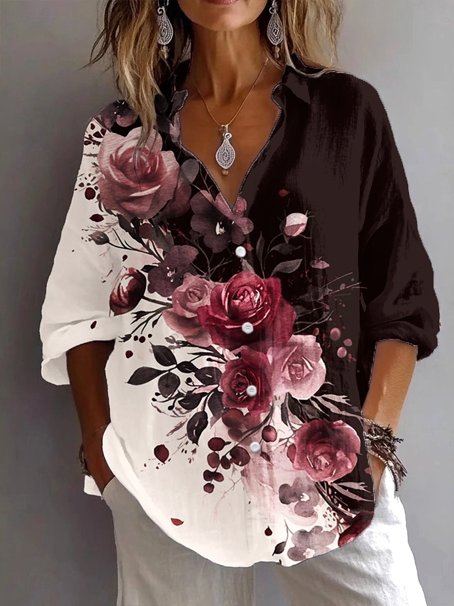 Damenhemd Langarm Button-Down Bluse Floral Grafik Geometrisch Vintage Täglich Stylisch Hemd Kragen Reguläre Oberteile Arbeit Täglich Urlaub Knöpfe Druck Hellgrün Blau Fuchsia Sommer Frühling Herbst 2025 - $32.99 –P1