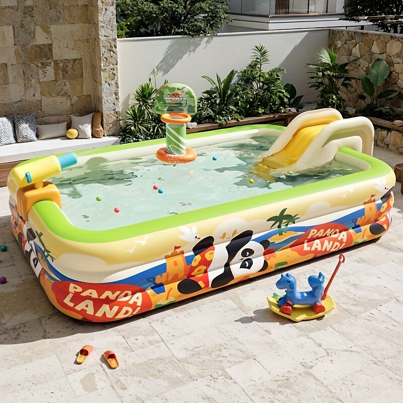 Aufblasbarer Panda-Pool für Erwachsene – 3-lagiger rechteckiger Sommerkühler für den Außenbereich mit Rutsche, eingebauten Sitzen &Palmendesign, tragbarer Partypool ohne Strom für den Garten für 2025 - $46.99 –P2