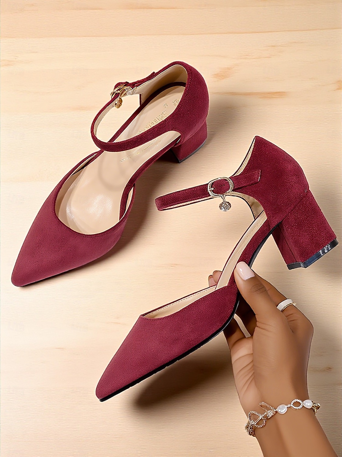Escarpins à talons compensés en daim rose pour femme, avec bride à la cheville – élégants escarpins à bout pointu et détails charmants pour mariages, fêtes et tenues de bureau de 2025 ? $46.99 –P4