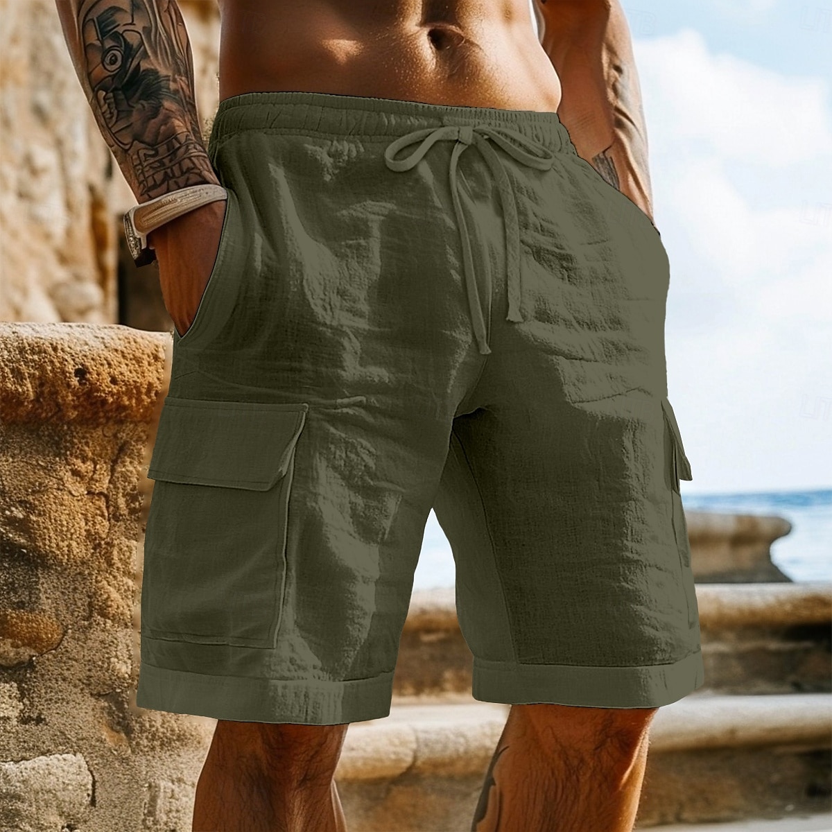 Per uomo Pantaloncini cargo Shorts Shorts di Lino Pantaloncini Estivi Shorts da Spiaggia Elastico in vita Coulisse Multi-tasche Semplice Lunghezza al ginocchio All'aperto Quotidiano Spiaggia Vacanza del 2025 a $22.99 –P7