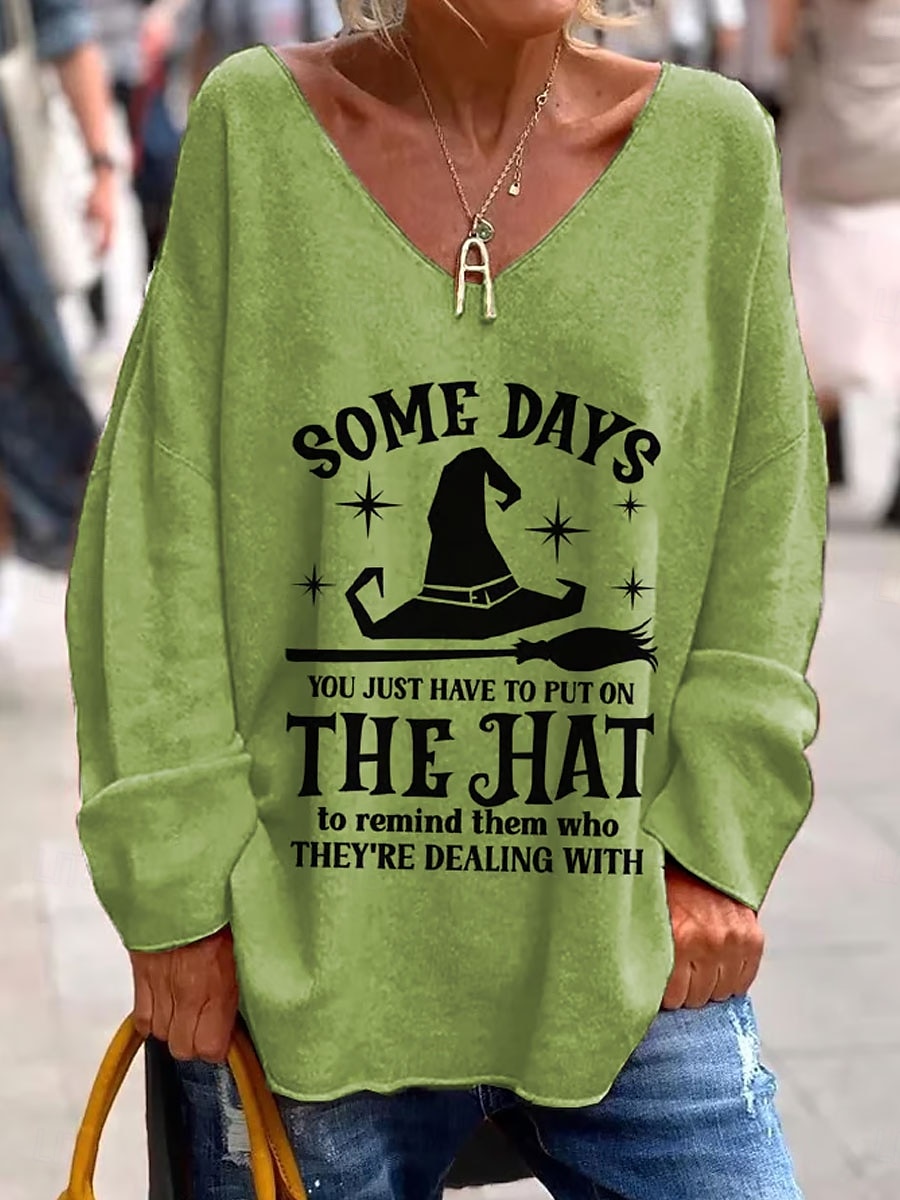 Halloween Damen T Shirt Grafik Buchstabe Hexe Elegant Mode Lässig Langarm V Ausschnitt Normale Oberteile Täglich Wochenende Druck Schwarz Purpur Orange Grün Grau Frühling Herbst 2025 - $27.99 –P2