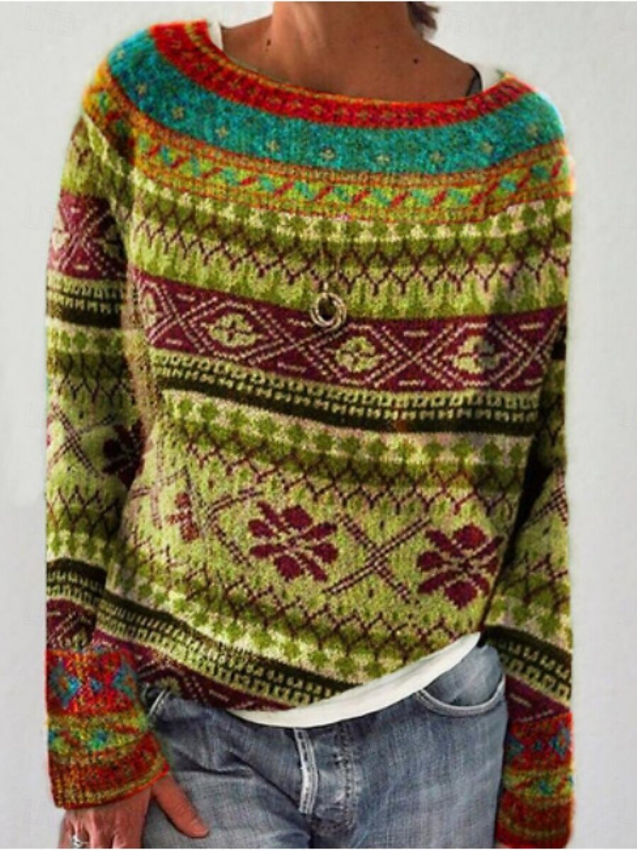 Damen Pullover Lässig Weich Grafik Geometrisch Gerippt Rundhalsausschnitt Gestrickt Druck Langarm Normale Oberteile Stricken Outdoor Täglich Wochenende Gelb Blau Herbst Winter 2025 - $53.99 –P4