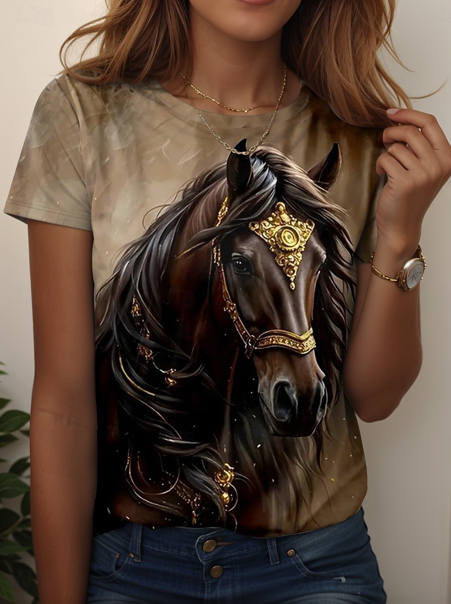 Femmes T-shirt Graphique Animal Cheval ancien Mode Élégant Manche Courte Col ras du cou Col rond Hauts Réguliers Quotidien Week-end Imprimé Marron clair Bleu Bleu Poudré Été Printemps de 2025 ? $19.99 –P3