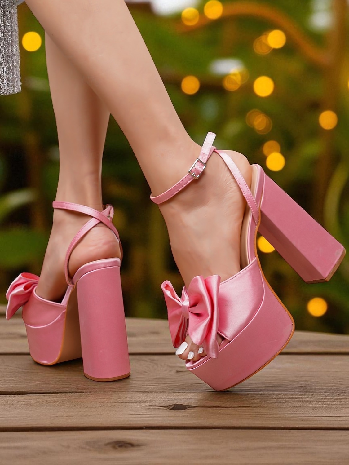 Women's Pink Satin Platform Heels with Oversized Bow and Ankle Strap - Playful Chunky High Heels for Nightlife Parties and Club Events 2025 - $42.99 –P4