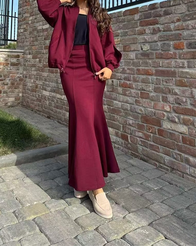 Femmes Robe Ensemble Robe d'été Robe Midi Occasionnel Uni Fermeture éclair Robe maxi manche longue Col en V Extérieur Date Noir Vin Café Été Coupe Ample de 2025 ? $34.99 –P1