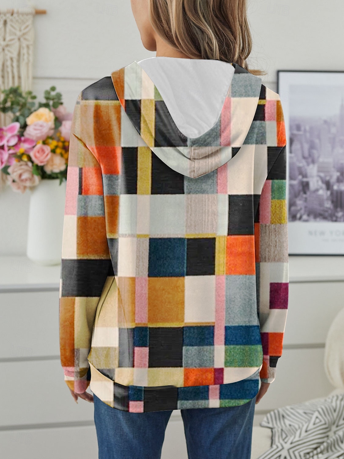 Veste à fermeture éclair pour femmes graphique à carreaux mode décontractée à manches longues à capuche tops réguliers vêtements de rue port quotidien poche impression blanc bleu violet orange vert de 2025 ? $27.99 –P2