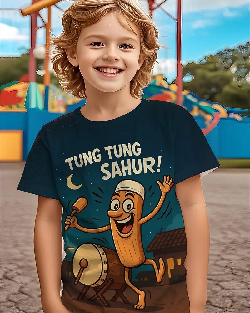 pojkars 3D-grafik lekfull trummande karaktär &Tung Tung Sahur t-shirt med tryck kortärmad sommar vår mode basic barn 4-12 år rund hals utomhus casual daglig normal passform 2025 - $11.99 –P2