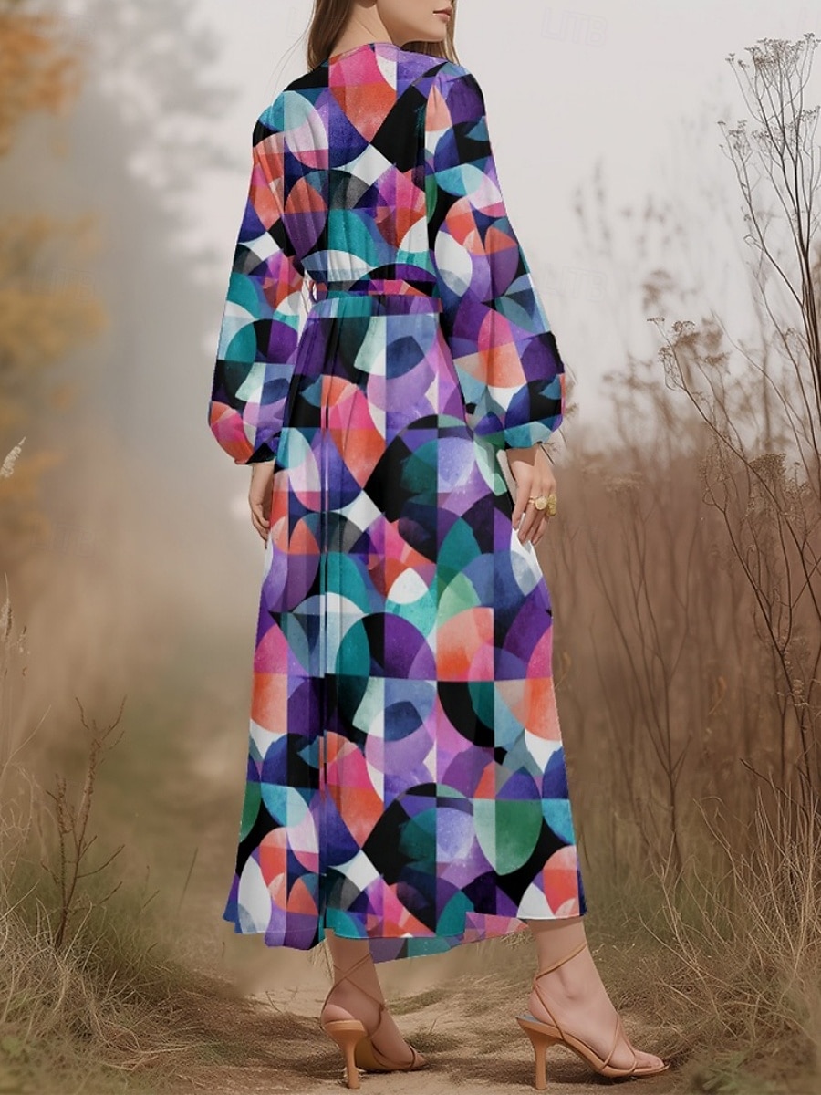 Damen Midikleid Freizeitkleid Chiffon Schwingkleid Modern Urlaub Täglich Wochenende Normale Passform Geometrisch Langarm V Ausschnitt Schwarz Blau Purpur Orange Sommer Frühling Herbst 2025 - $31.99 –P2