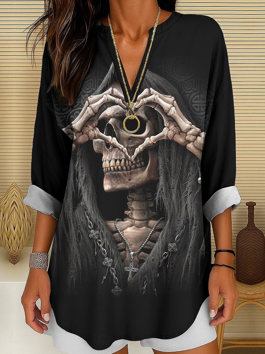 Halloween Dame Bluse Hjerte Kjærlighed Grafisk Årgang Stilfull Fritid Langermet V-hals Vanlige topper Daglig Ferie Trykt mønster Svart Hvit Oransje Sommer Vår Høst 2025 - $24.99 –P1