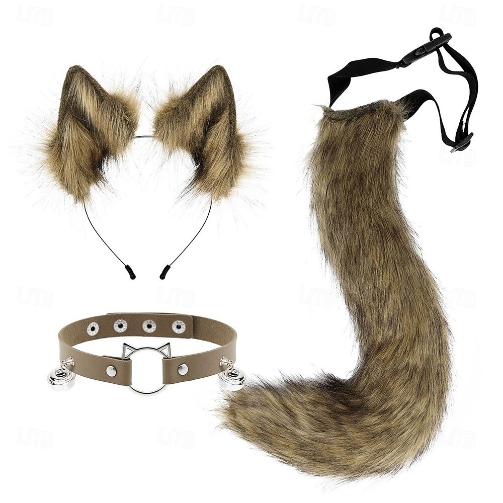 Bandă drăguță cu urechi de pisică, coadă și zgardă cu păr blănos – accesorii pentru cosplay cu animale, costum de fată-pisică pentru Halloween, petrecere și spectacol 2026 - $33.99 –P2