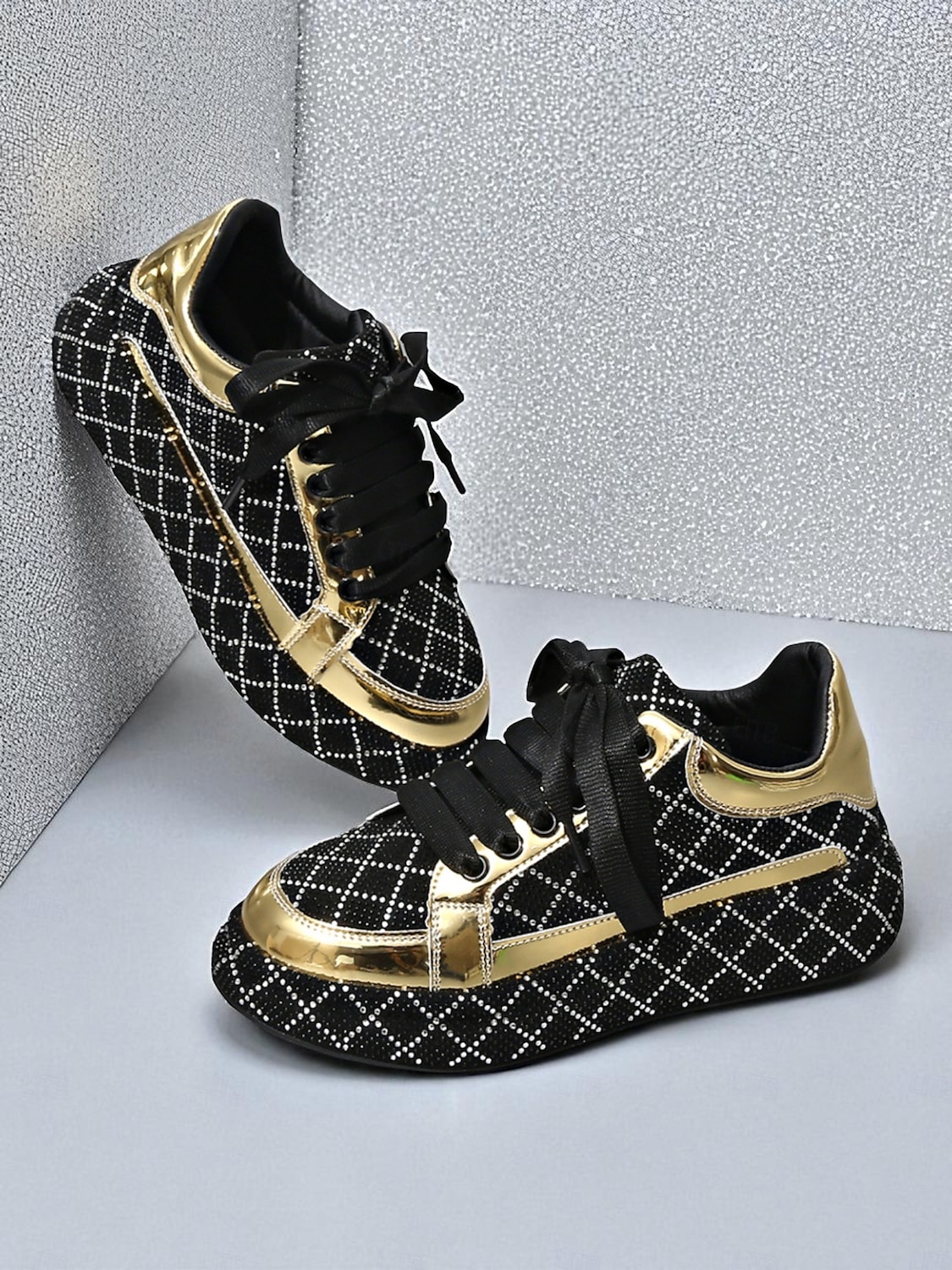 Tênis femininos acolchoados com strass - sapatos de festa com cadarço preto e prata para vida noturna, baladas e streetwear moderno de 2025 por $34.99 –P3