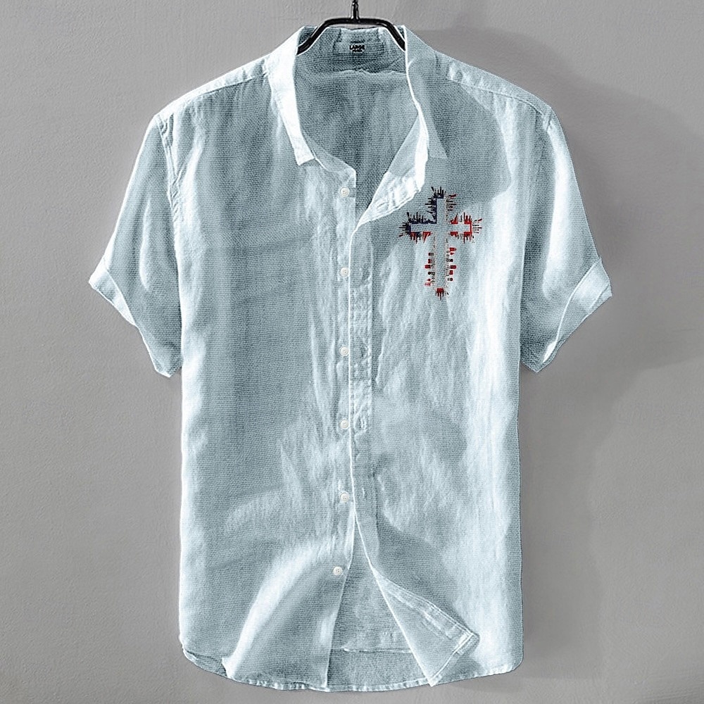 Herren Leinenhemd Freizeithemd Baumwoll-Leinen-Hemd Knopfhemd Muster Urlaub Straße Weiß Dunkelmarine Himmelblau Khaki Kurzarm Revers Sommer Bekleidung Schnalle 2025 - $17.99 –P4