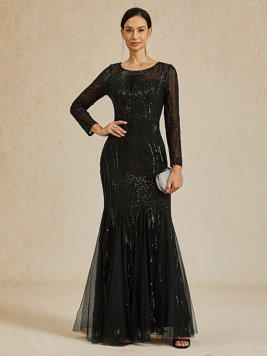Damen Maxikleid Etui-Kleid Elegant Abendgesellschaft Normale Passform Einfarbig Langarm Rundhalsausschnitt Schwarz Herbst Winter 2025 - $171.99 –P1