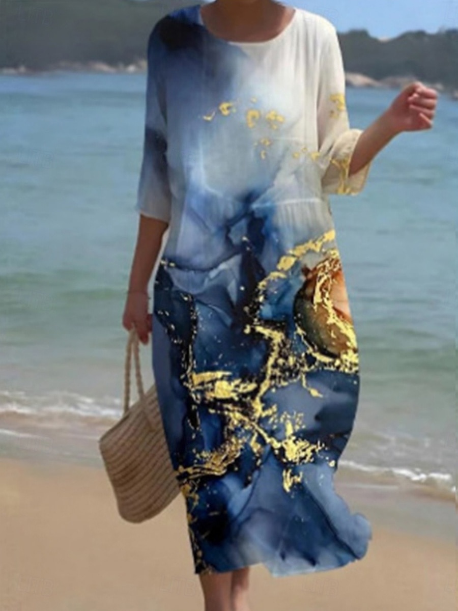 Femmes Robe Midi Robe Décontractée Robe Imprimée Mode Moderne Quotidien Plage Week-end Coupe régulière A Ombre Fleuri Manche 3/4 Col ras du cou Bleu Roi Bleu Vert Printemps Automne de 2025 ? $31.99 –P2