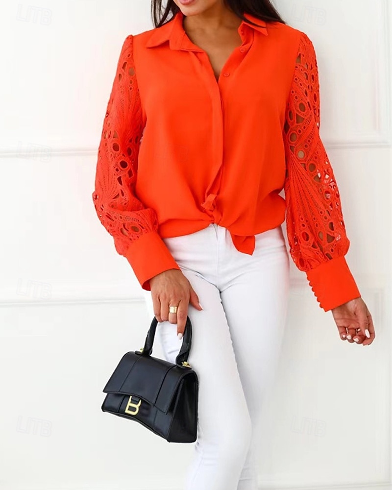 Damen Hemd Einfach Täglich Stilvoll Basic Langarm Hemdkragen Normale Oberteile Arbeit Täglich Ferien Spitze Ausschnitt Knöpfe Orange Frühling Herbst 2025 - $18.49 –P2