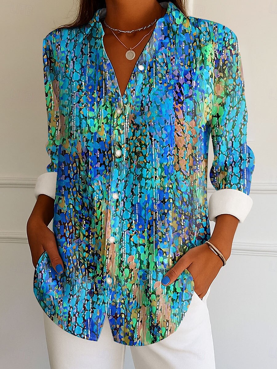 Femmes Chemise A Ombre Graphique Élégant ancien Tropical manche longue Col de chemise Hauts Réguliers Travail Quotidien Boutons Imprimé Bleu Violet Orange Vert Été Printemps de 2025 ? $32.99 –P3