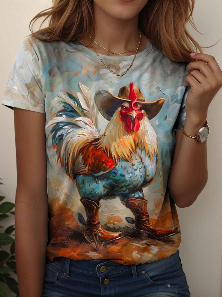 Dame T skjorte Grafisk Dyr Hane Årgang Stilfull Fritid Kortermet Crew-hals Vanlige topper Daglig Helg Trykt mønster Gul Blå Dusty Blue Sommer Vår 2025 - $19.99 –P3