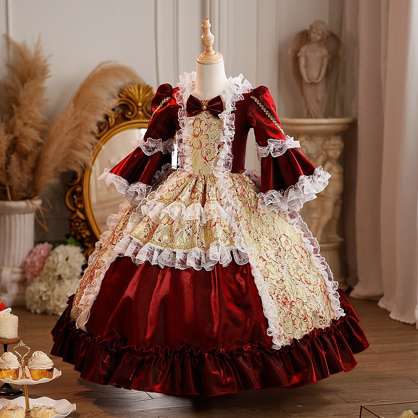 Steampunk Prinzessin schick Maxi Partykostüm Zubehör Glockenärmel Prinzessin Belle Schleife Retro Ballkleid Spitzkragen Kostüm Mädchen königlich Weihnachten Halloween Karneval Maskerade 2026 - $139.99 –P3