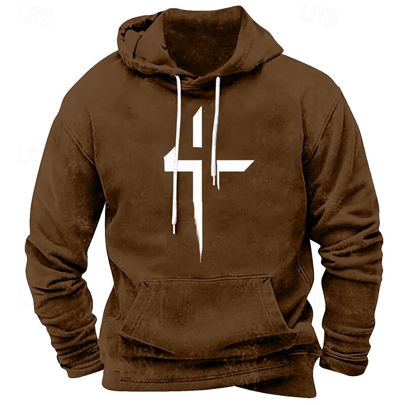 2025年 男性用 パーカー ブラック ホワイト ルビーレッド ブルー ブラウン フード付き 十字架 ポケット プリント スポーツ 日常 祝日 ポリエステル ストリートファッション ベーシック カジュアル 春 秋 衣類 パーカー トレーナー  コレクション – $25.99 –P3