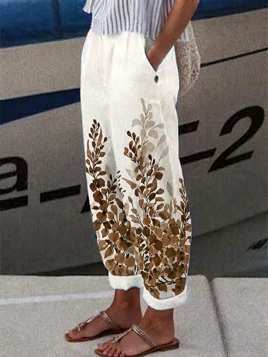 Women's Chinos Vacation Vintage Ethnic Style Ankle-Length High Waist Floral Graphic Leaf Pocket Soft Outdoor Breathable Inelastic Vacation Street Causal White-Blue Purple Green Khaki Summer Spring 2025 - $32.99 –P4