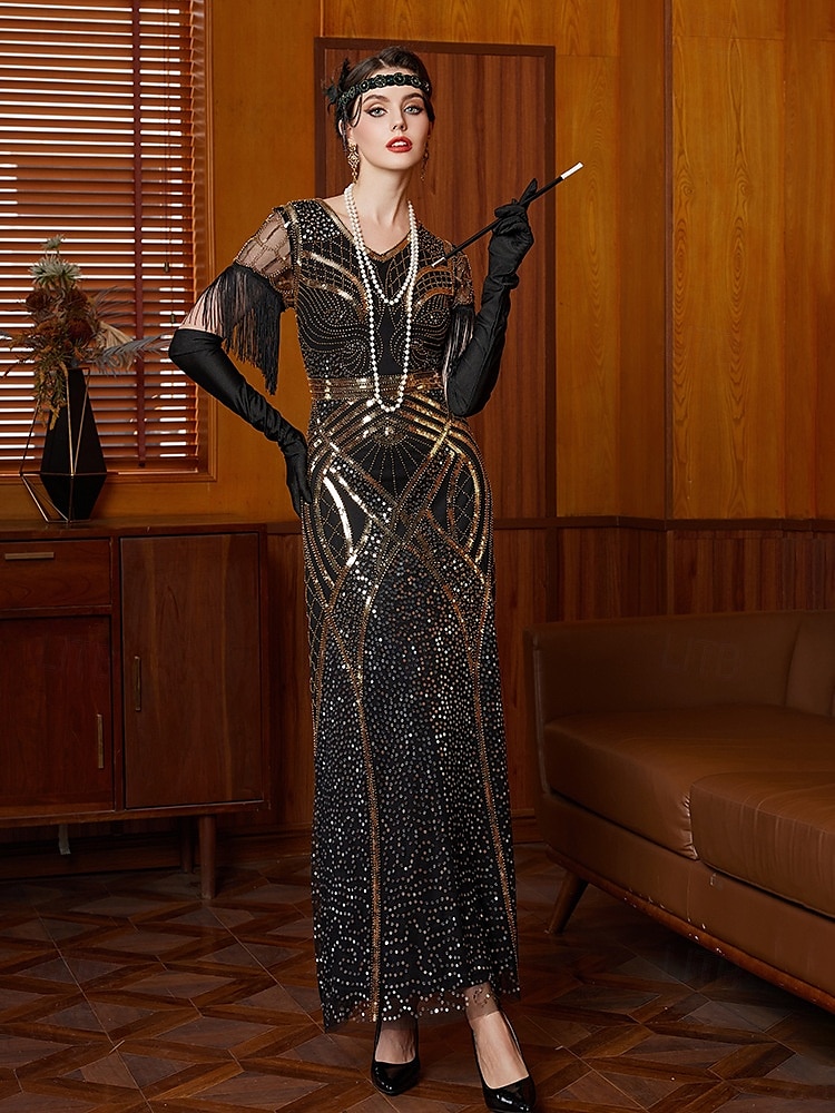 Roaring 20s 1920s Ankle Length Evening Dress Cocktail Dress Prom Dress  Short Sleeves The Great Gatsby Flapper Girl Sequins Fringe V Neck Fancy  Dress Women's Christmas Carnival Evening Party Wedding 2026 - $71.99