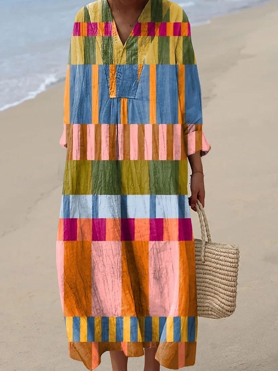 Damen Midikleid Sommerkleid A Linie Kleid Urlaub Lässig Boho Party Strand Lässiger Schnitt Grafik Geometrisch Langarm V Ausschnitt Gelb Rosa Blau Orange Sommer Frühling Herbst 2025 - $35.99 –P1