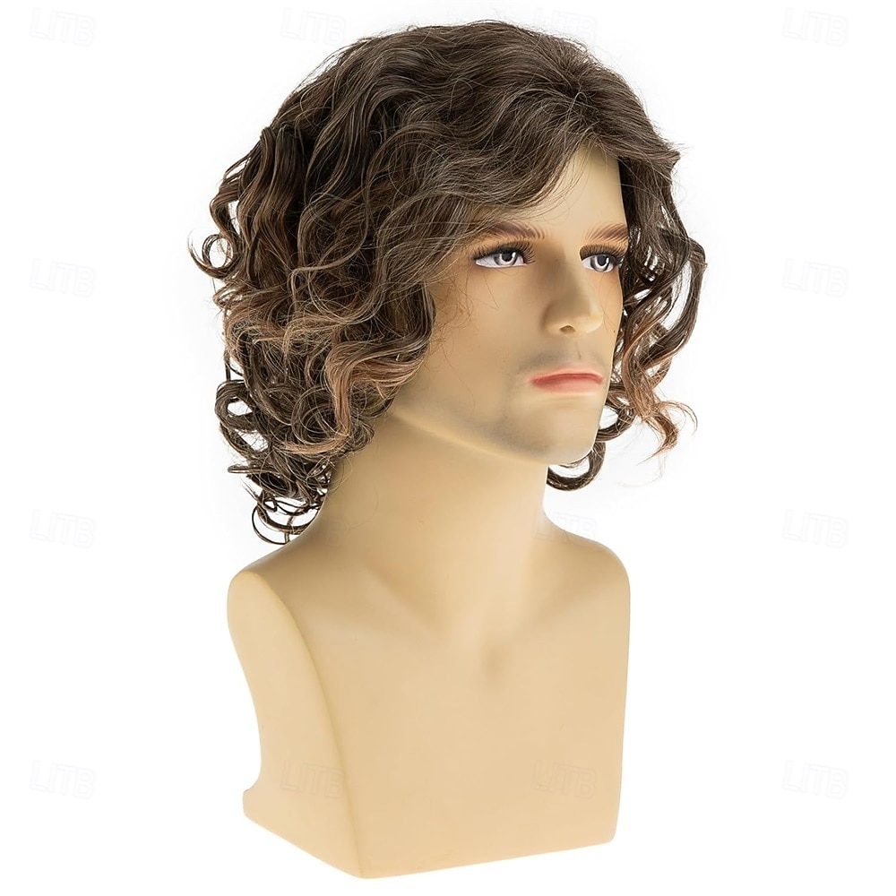 Pánská krátká kudrnatá hnědá paruka ze syntetických vlasů, párty, halloween, cosplay, paruka 2025 - $23.99 –P4