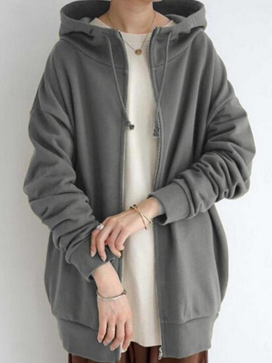 Women's Casual Jacket Hoodie Jacket Comfortable Breathable Zipper Pocket Casual Plain Street Casual Daily Wear Zipper Long Hooded Regular Fit Long Sleeve Outerwear Black Red Khaki Spring Fall 2025 - $22.99 –P1