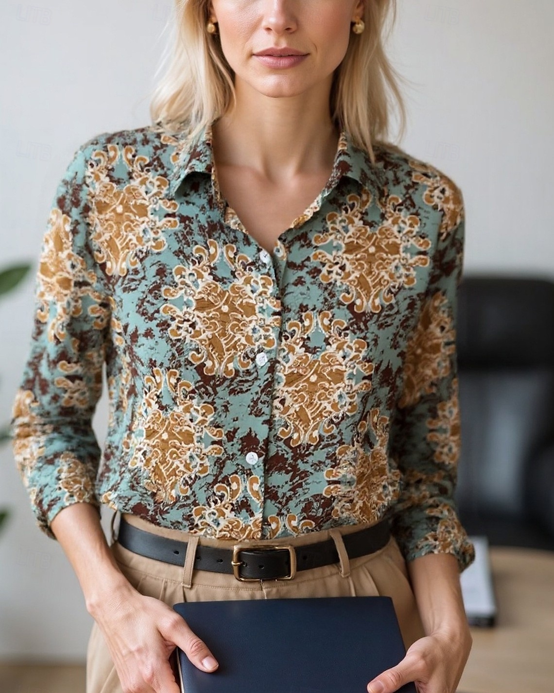 Dames Blouse Geklede topjes Chiffon-topjes Grafisch Kleurenblok Elegant Dagelijks Stijlvol Lange mouw Overhemdkraag Normale tops Werk Dagelijks Knop Afdrukken blauw Olijf Smaragdgroen Bruin Regenboog 2025 - $24.99 –P2