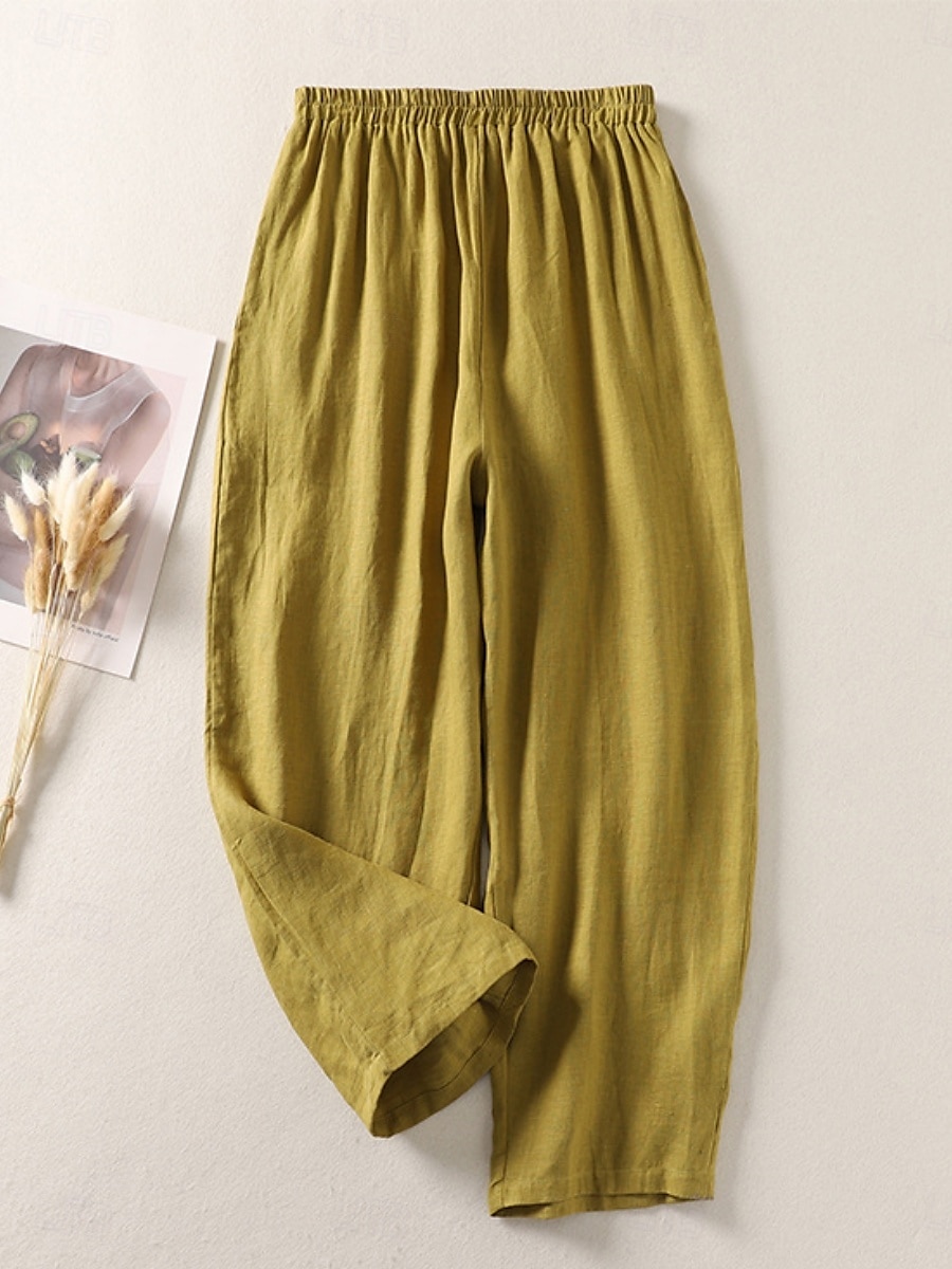 Mulheres Calças de linho de algodão chinês Estilo Étnico Básico Casual Comprimento total Cintura Alta Tecido Bolsos Com Cordão Conforto Exterior Com Stretch Férias Rua Diário Preto Branco fúcsia de 2025 por $39.99 –P4
