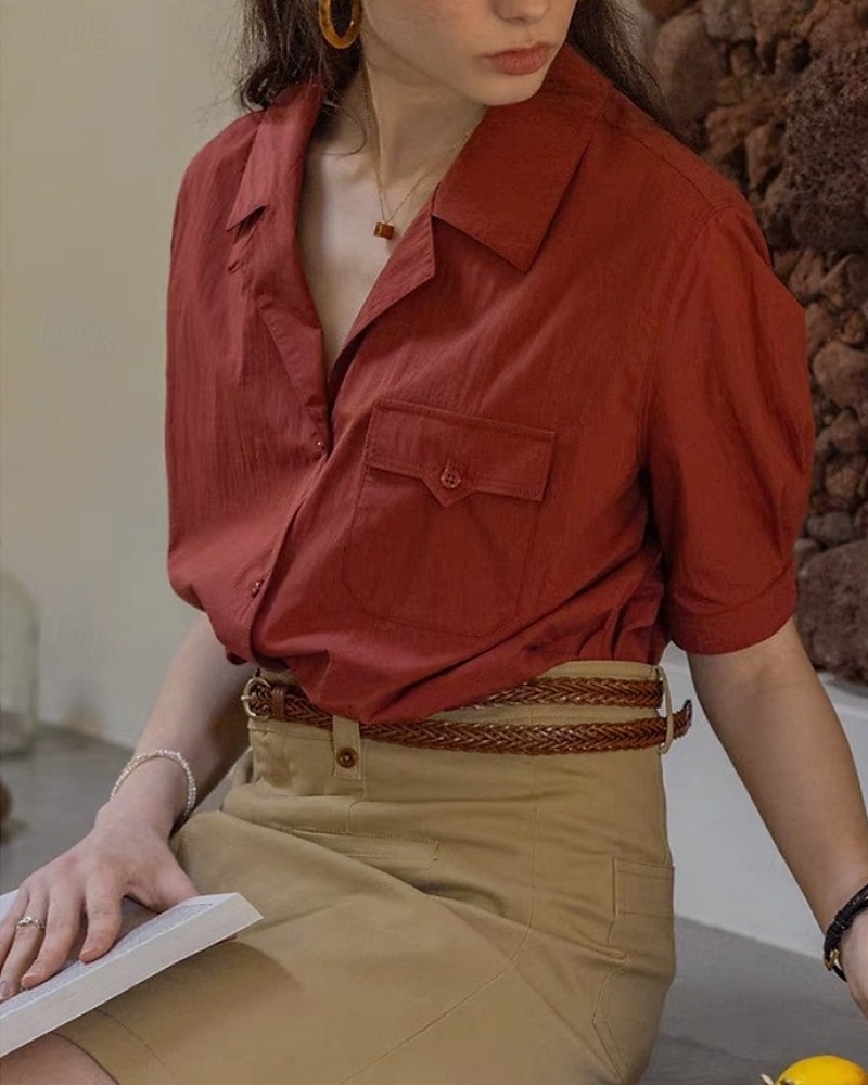 Damen Hemd Bluse Einfach Modern Lässig Kurzarm Hemdkragen Normale Oberteile Ferien Ausgehen Tasche Knöpfe Wein Sommer 2025 - $31.99 –P4