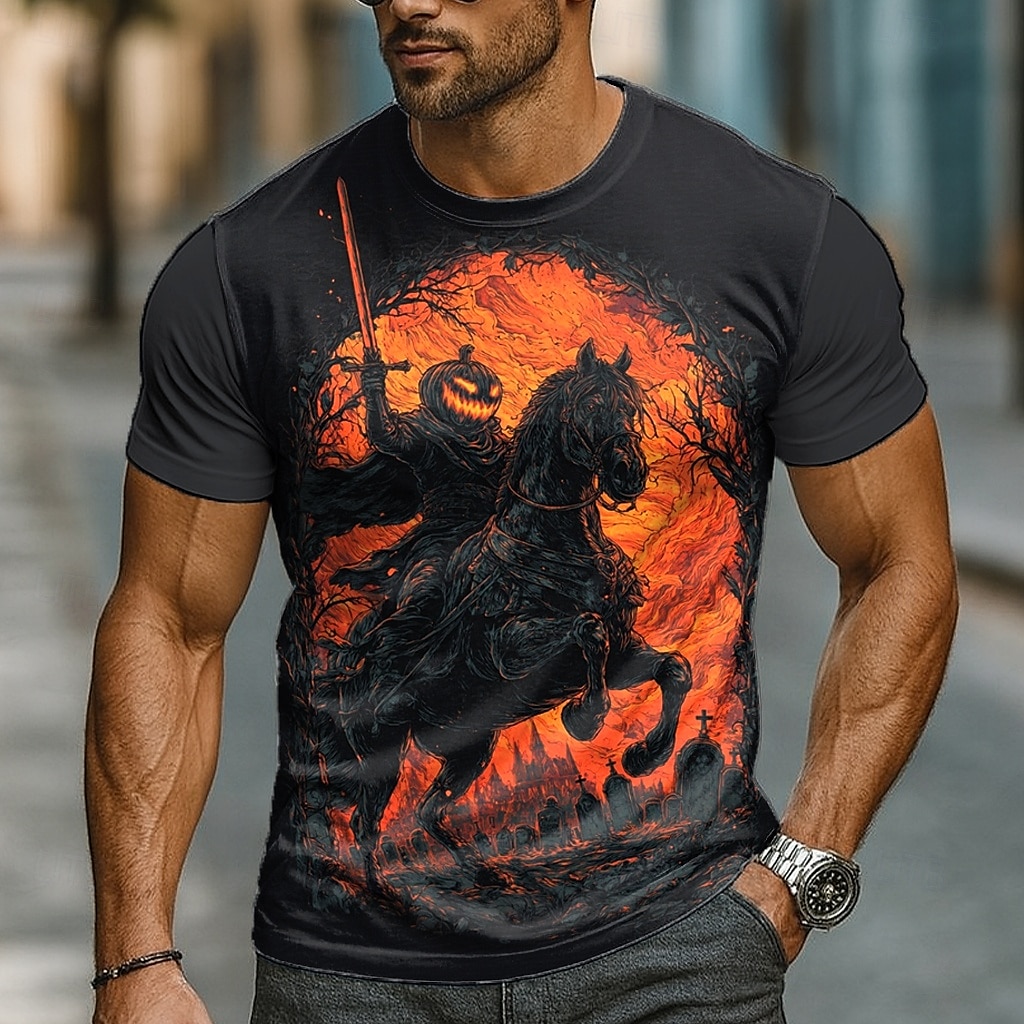 T-shirt da uomo di Halloween con teschio e zucca, girocollo, 3D, abbigliamento, stampa 3D, per feste, strada, vacanza, manica corta, grafica esagerata, designer del 2025 a $20.99 –P1
