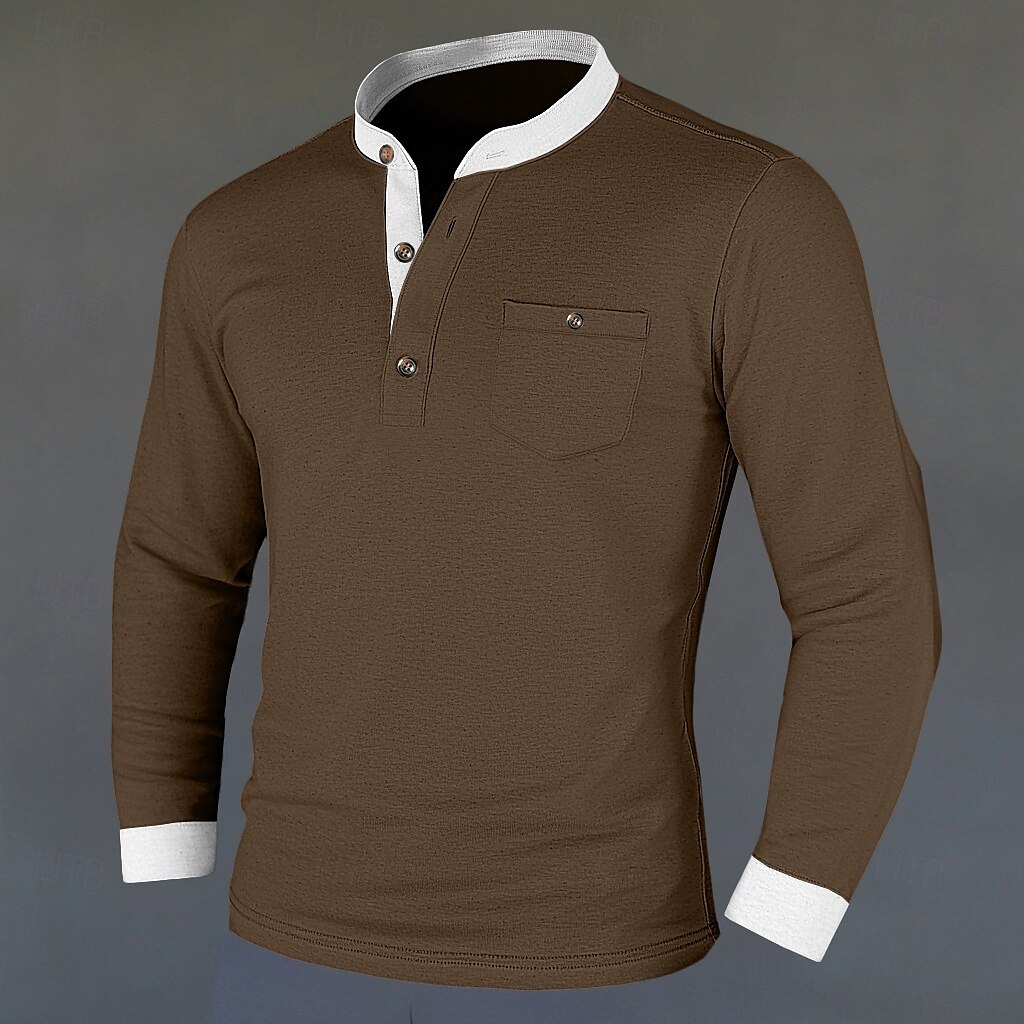 Herren Henley Hemd T-Shirt T-Shirt aus Baumwollmischung Langarm Farbblock Einheitliche Farbe Mode Designer Basic Patchwork Stehkragen Henley Urlaub Straße Lässig Frühling & Herbst Schwarz Marineblau 2025 - $21.99 –P5