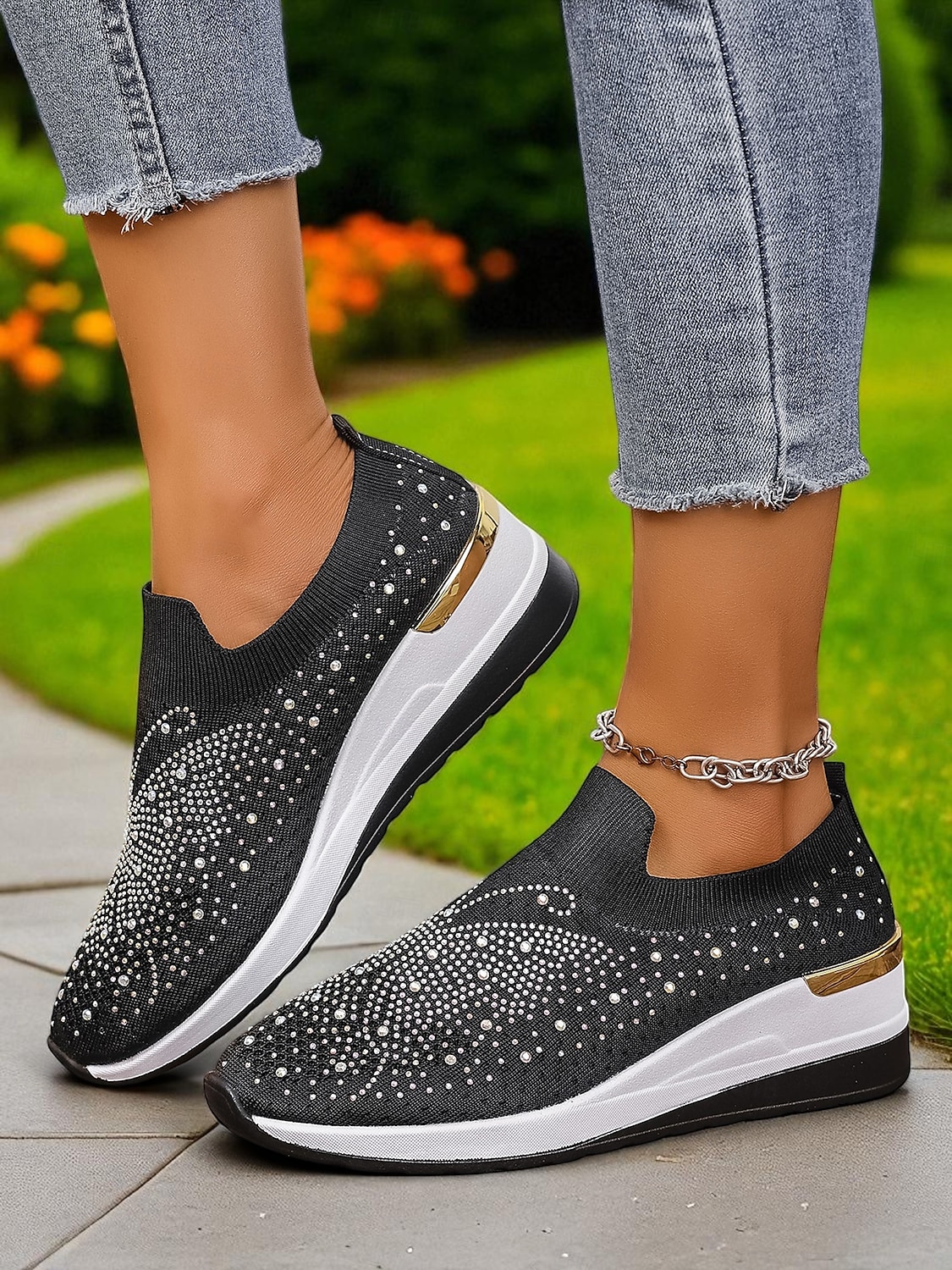 női strasszos flyknit bebújós tornacipők – csillogó éktalpú cipők fesztiválokra, utazásra és mindennapi divatra 2025 - $29.99 –P2