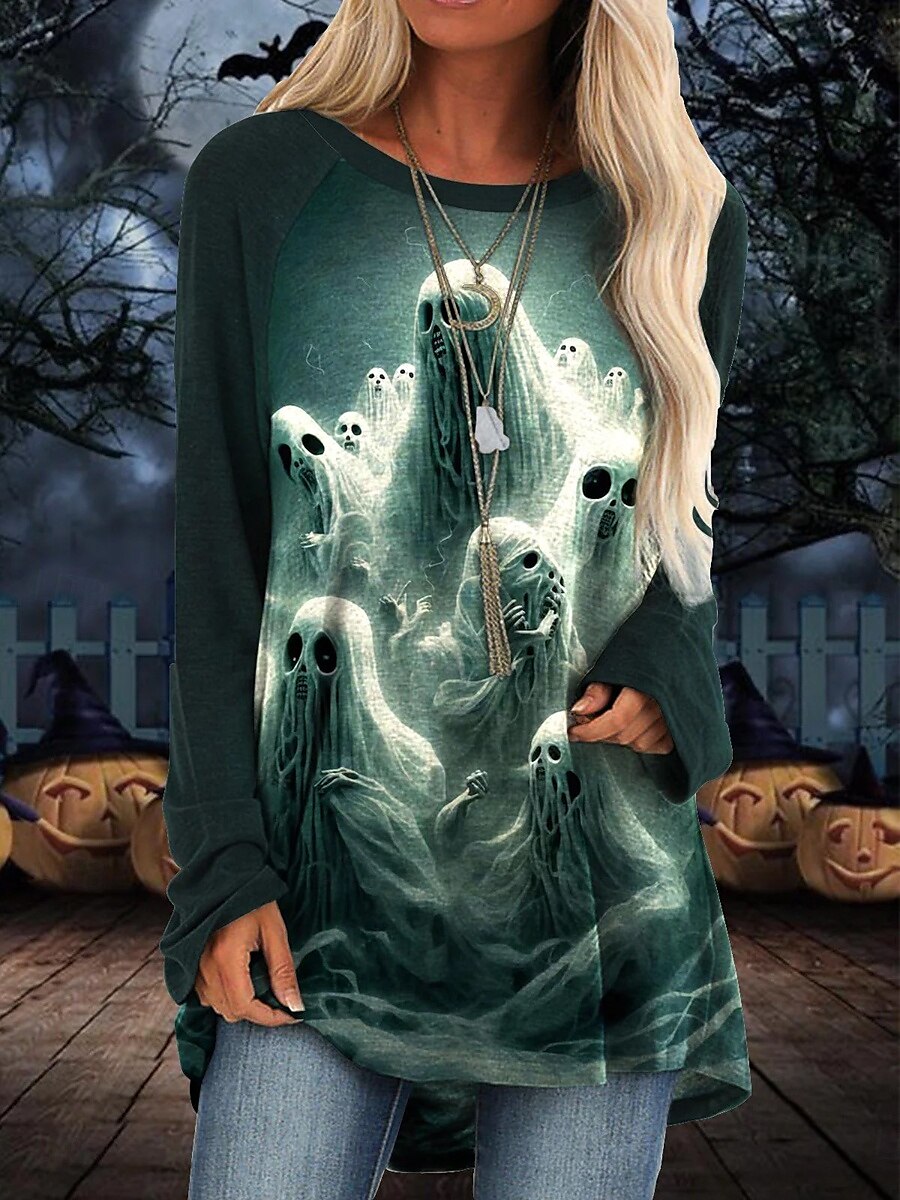 Halloween Femmes T-shirt Graphique Fantôme ancien Élégant Classique manche longue Col ras du cou Col rond Hauts Longs Quotidien Imprimé Noir Jaune Vert Printemps Automne de 2025 ? $24.99 –P3