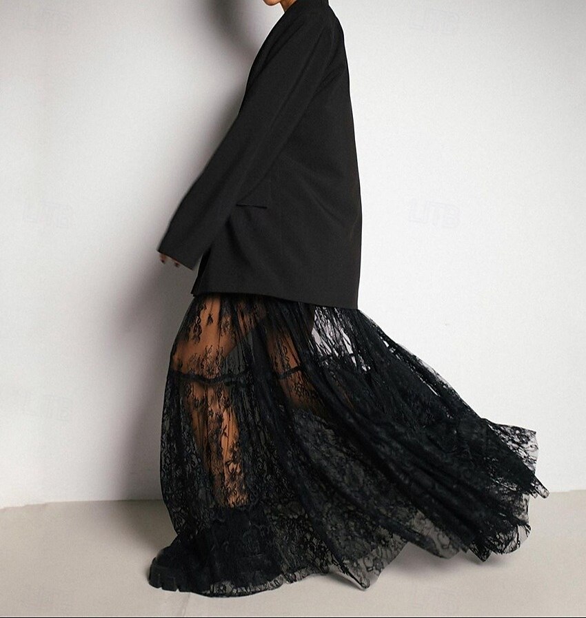 Femmes Jupe Trapèze Évasé Élégant ancien Sexy Longue Maxi Taille Moyenne Jupes Dentelle A Volants Patchwork Non Elastique École Performance Noir Printemps, Automne, Hiver, Été Nylon de 2025 ? $37.99 –P2
