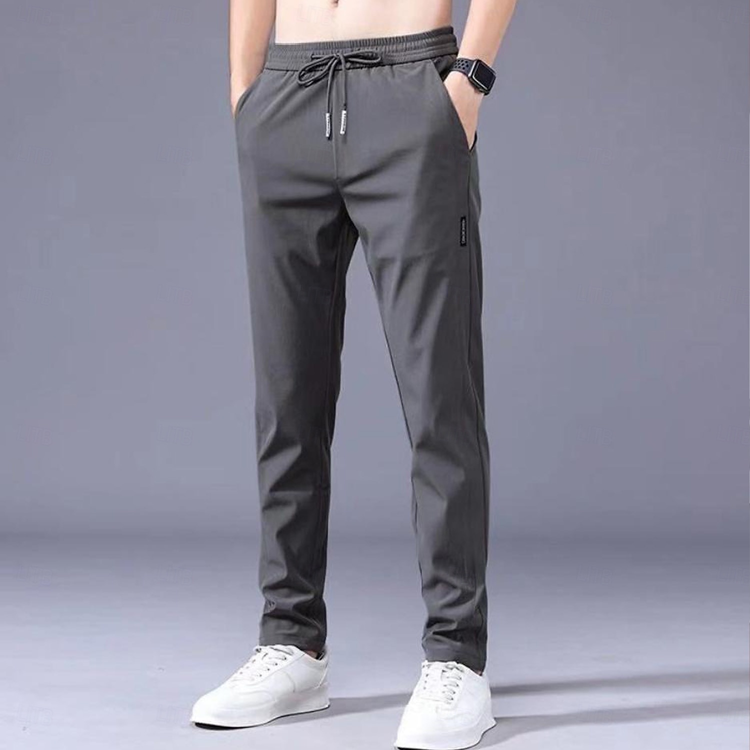 Men's Trousers Casual Pants Drawstring Elastic Waist Solid Color Quick ...