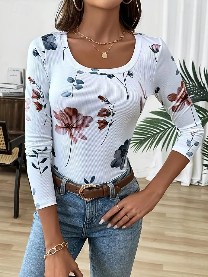 Per donna Maglietta Floreale Grafico Piante Moda Classico Casual Manica Lunga Collo quadrato Top Regolari Quotidiano Stampato Bianco Primavera Autunno del 2025 a $24.99 –P4