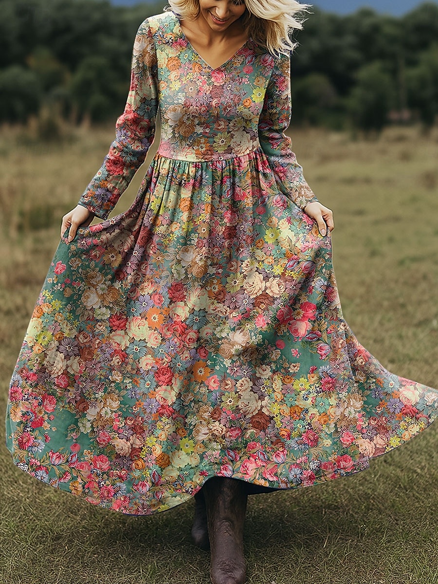 Per donna Abito maxi Abito a trapezio Vacanza Casual Boho Spiaggia Vestibilità regolare Floreale Grafico Paisley Manica Lunga Scollo a V Rosa Rosso Blu Verde Primavera Autunno del 2025 a $49.99 –P4