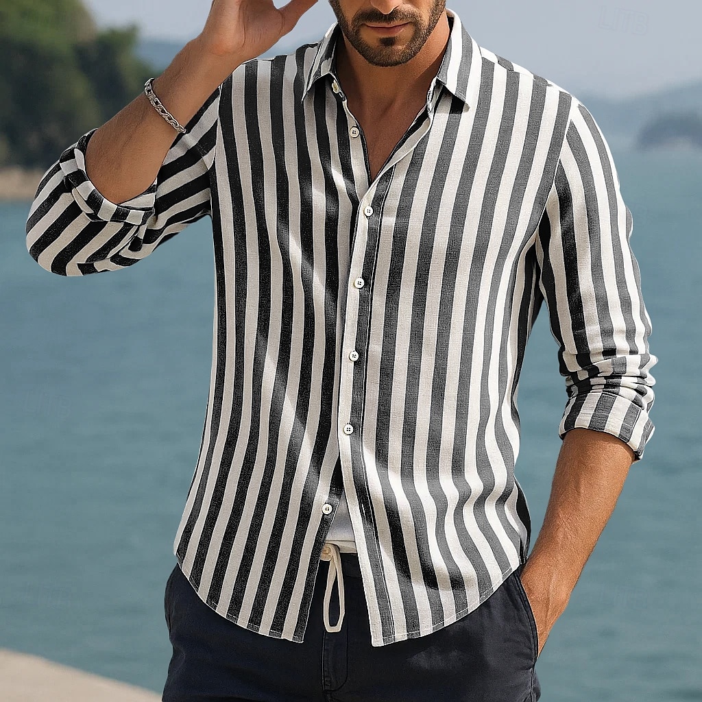 Voor heren Overhemd Linnen overhemd Zomer overhemd Strand Kleding Overhemd met knopen Verticale stroken Vakantie Curise Zwart Blozend Roze Rood blauw Lange mouw Strijkijzer Zomer Lente Kleding 2025 - $20.99 –P8