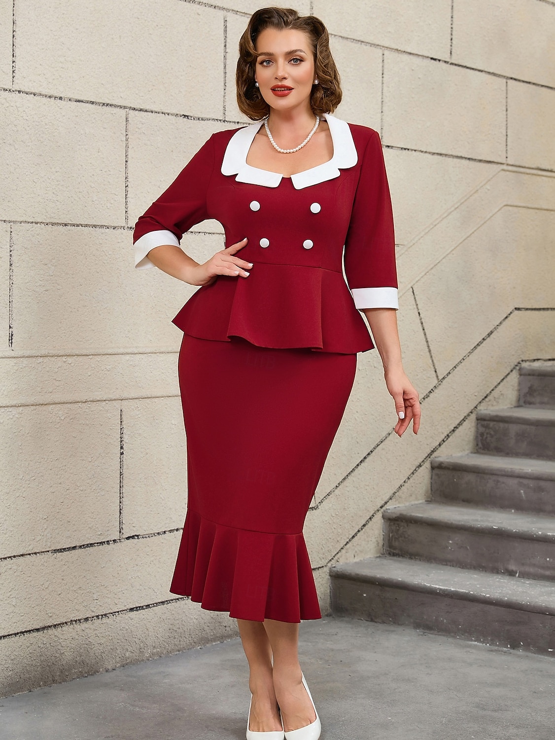 Retro Vintage 1950er 1960er Midlänge Bleistiftrock Zweiteiliges Set Schößchentop Übergröße Passform und Flare Kostüm Damen Formell Party & Abend Retro-Mottoparty Erwachsene Kleid Ganzjahres 2025 - $53.99 –P7