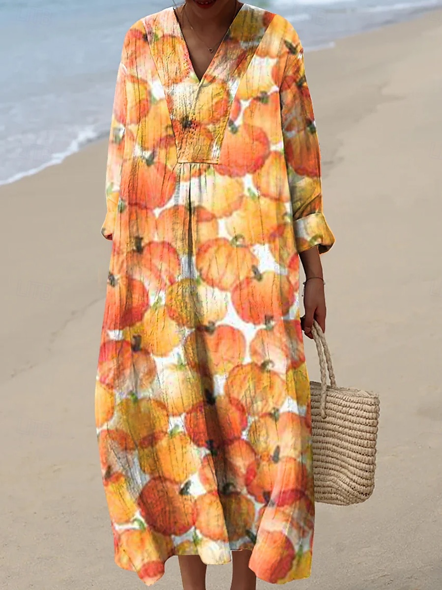 Halloween Damen Maxikleid Sommerkleid A-Linien-Kleid Urlaub Casual Boho Party Ausgehen Strand lockere Passform Grafik Langarm V-Ausschnitt Orange Off-White Grau Sommer Frühling Herbst 2025 - $33.99 –P2