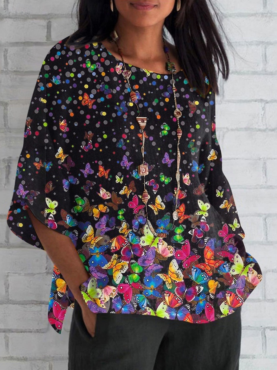 Women's Shirt Graphic Butterfly Color Gradient Daily Casual 3/4 Length Sleeve Crew Neck Regular Tops Daily Holiday Print Black Blue Purple Green Summer Spring Fall 2025 - $22.99 –P2