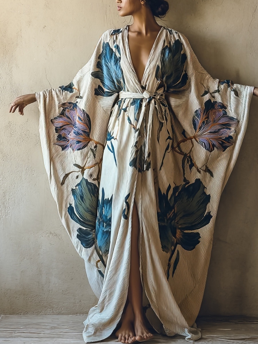 Dámské dlouhé šaty maxi šaty boho šaty ležérní šaty swingové šaty letní šaty vintage prázdninové denní plážové šaty regular střih květinový střih s dlouhým rukávem výstřih do V modrá léto jaro podzim 2025 - $25.99 –P3