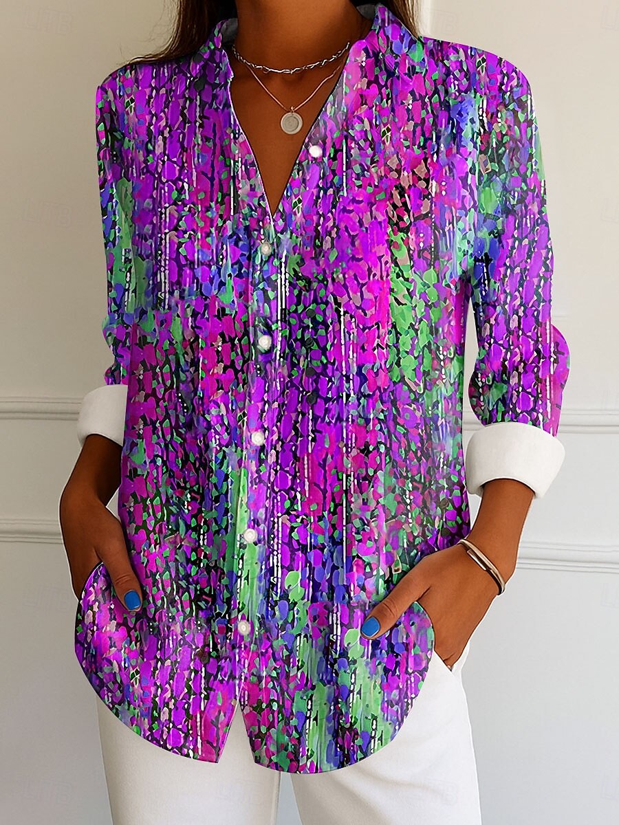 Femmes Chemise A Ombre Graphique Élégant ancien Tropical manche longue Col de chemise Hauts Réguliers Travail Quotidien Boutons Imprimé Bleu Violet Orange Vert Été Printemps de 2025 ? $32.99 –P4